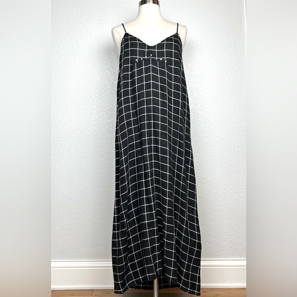 Zara Dress Woman’s S Charcoal Plaid Straight Sleeveless Maxi Dress W/Rhinestone